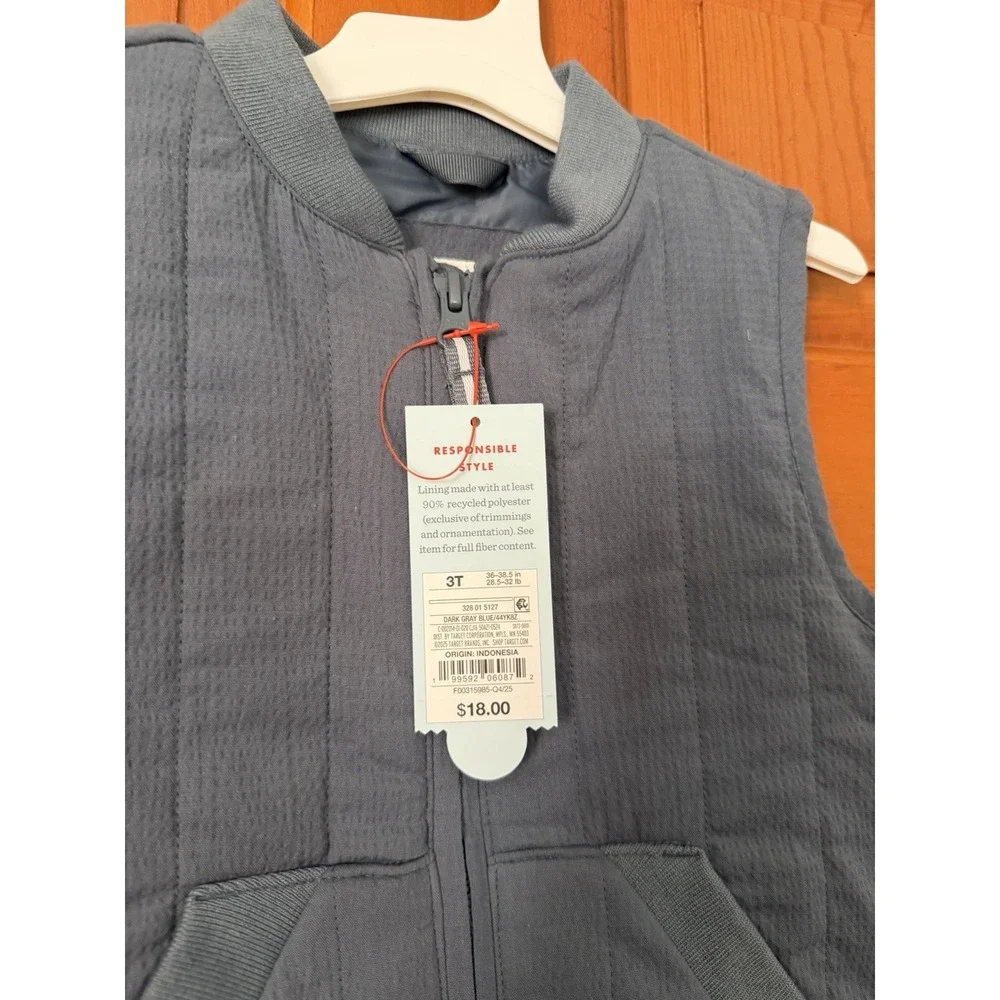 Toddler Boys' Cat & Jack Dark Grey Blue Quilted Sleeveless Zipper Vest 3T NWT